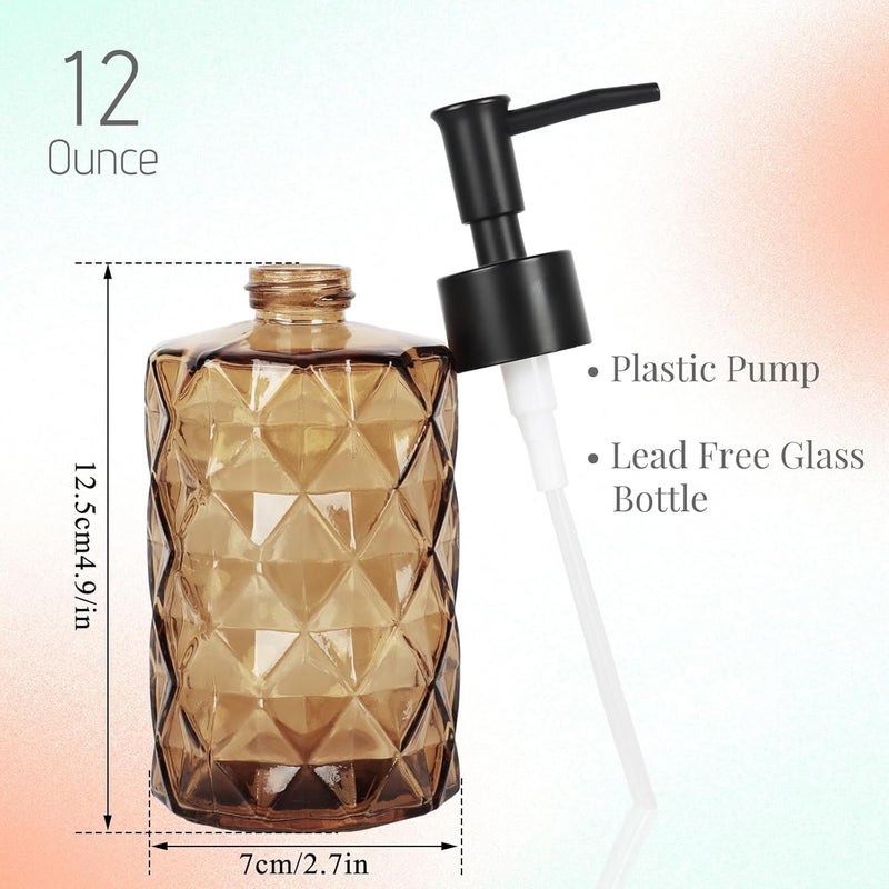 Ulable Dark Brown Glass Soap Dispenser with Pump, 12oz Diamond Design Hand Soap Dispenser, Refillable Lotion Dispenser & Dish Dispenser, Bathroom Dispenser for Dishwashing Liquid, Shower Gel - Image 2